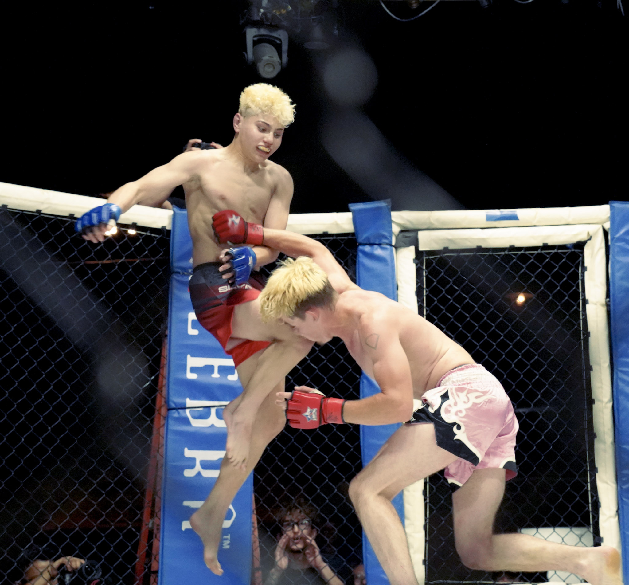 MMA grappling exchange against the cage fence